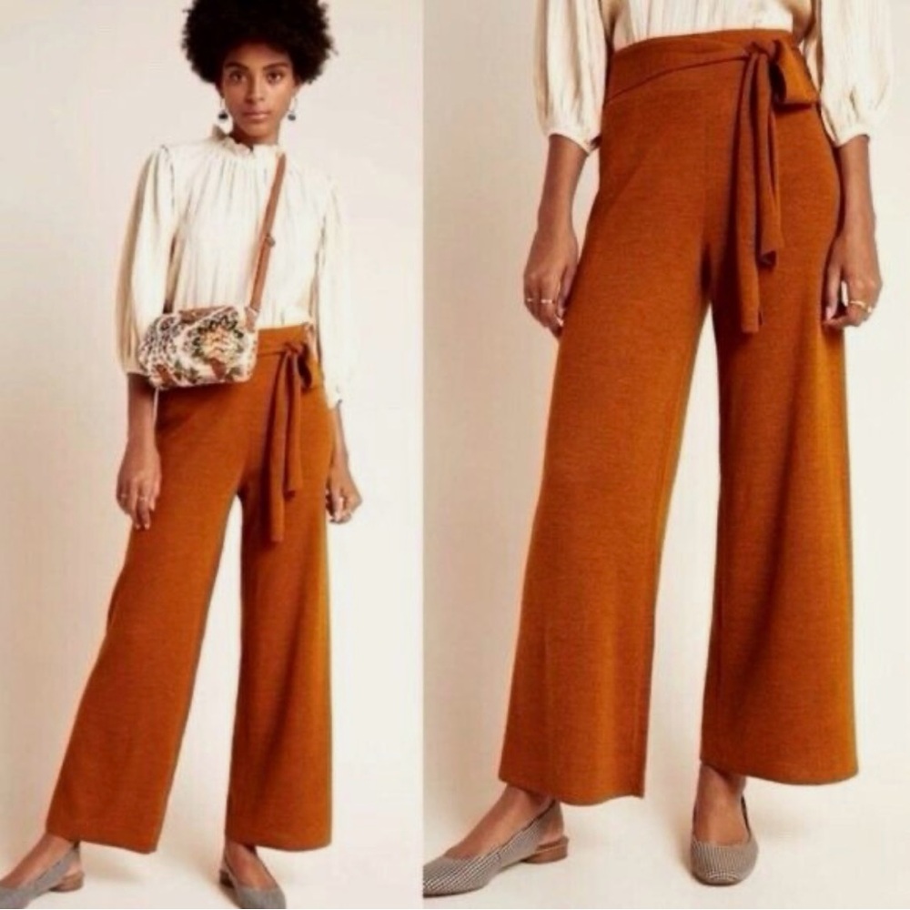 Anthropologie Orange Linette Merino Wool Knit Tie Crop Pull On Pants Size Small